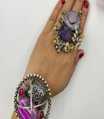 Chunky boho statement jewelry: raw amethyst ring & pink agate mantra cuff bracelet