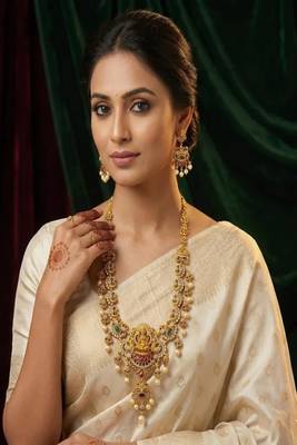Antique gold lakshmi temple jewelry long necklace set 1