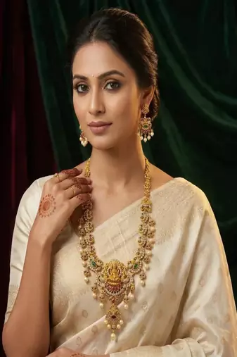 Antique gold lakshmi temple jewelry long necklace set