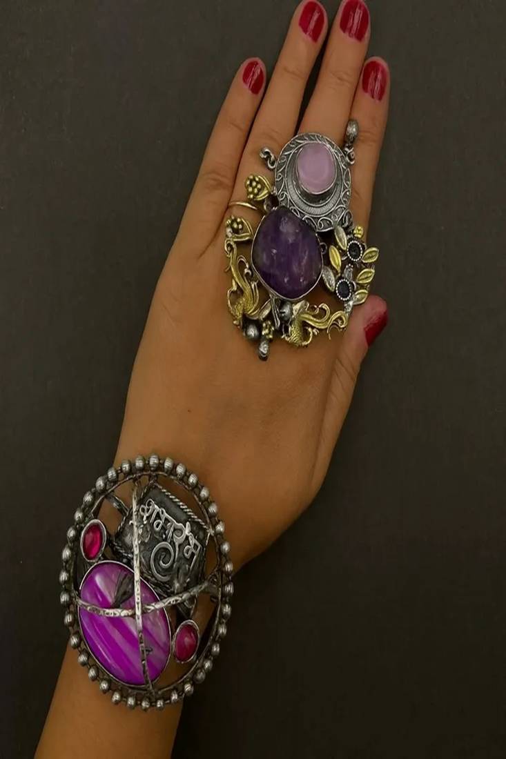 Chunky boho statement jewelry: raw amethyst ring & pink agate mantra cuff bracelet