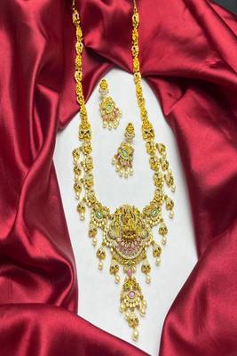 Antique gold lakshmi temple jewelry long necklace set 2