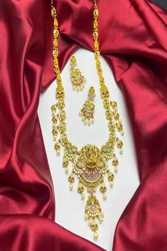 Antique gold lakshmi temple jewelry long necklace set