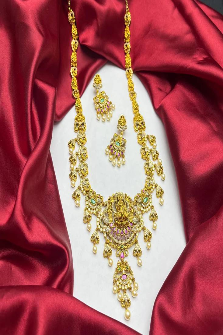 Antique gold lakshmi temple jewelry long necklace set