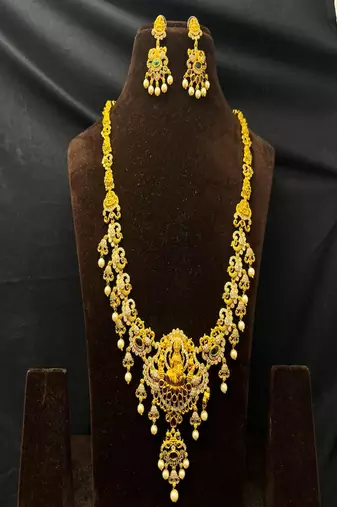 Antique gold lakshmi temple jewelry long necklace set