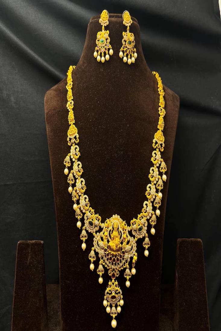 Antique gold lakshmi temple jewelry long necklace set