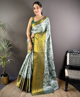 grey tissue silk blend kanjeevaram zari woven saree with unstitched blouse piece. 2