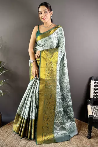 grey tissue silk blend kanjeevaram zari woven saree with unstitched blouse piece.