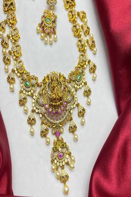 Antique gold lakshmi temple jewelry long necklace set 4