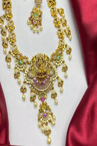 Antique gold lakshmi temple jewelry long necklace set
