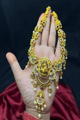 Antique gold lakshmi temple jewelry long necklace set 5