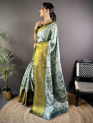 grey tissue silk blend kanjeevaram zari woven saree with unstitched blouse piece. 3