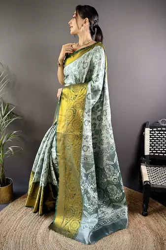grey tissue silk blend kanjeevaram zari woven saree with unstitched blouse piece.