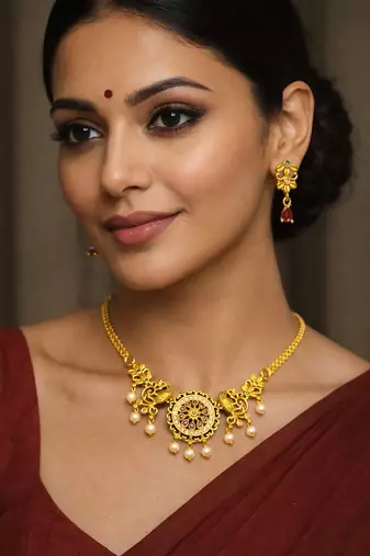 Antique gold temple necklace set with earring, south indian bridal jewelry