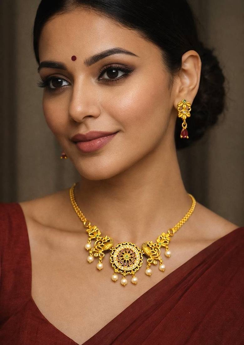Antique gold temple necklace set with earring, south indian bridal jewelry