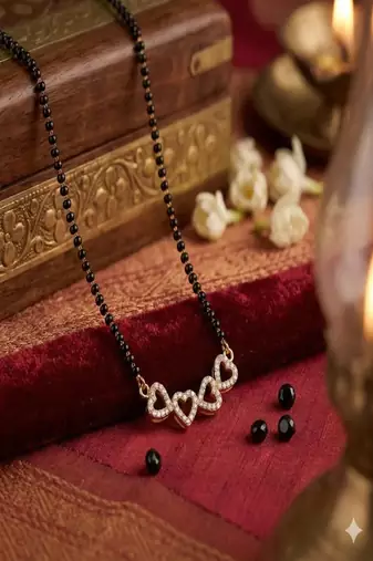 Gold plated heart mangalsutra set with cz studs|black bead necklace