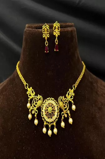 Antique gold temple necklace set with earring, south indian bridal jewelry