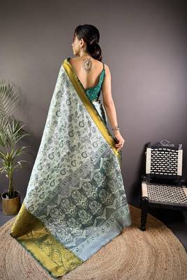 grey tissue silk blend kanjeevaram zari woven saree with unstitched blouse piece. 4