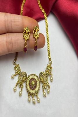 Antique gold temple necklace set with earring, south indian bridal jewelry 4