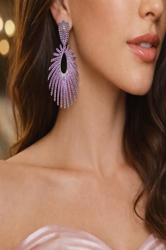 Sparkling fuchsia sunburst statement earrings | rhodium plated chandelier earrings