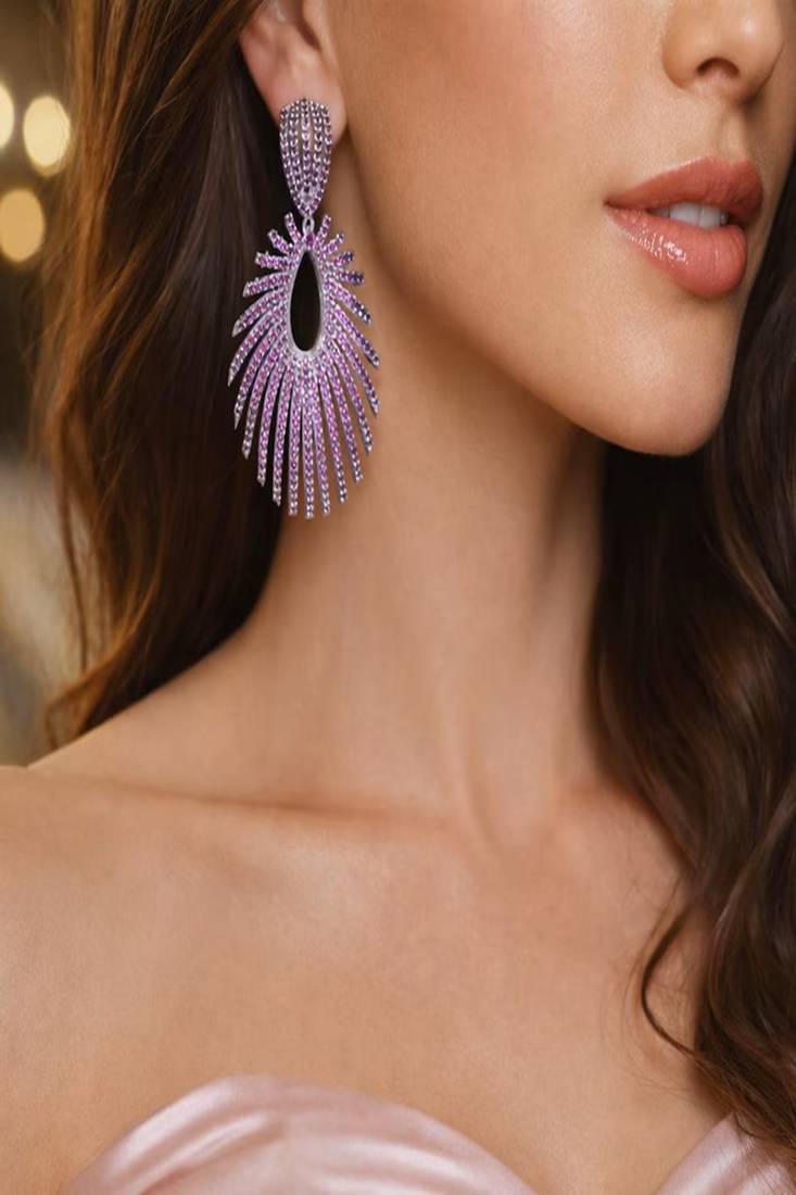 Sparkling fuchsia sunburst statement earrings | rhodium plated chandelier earrings