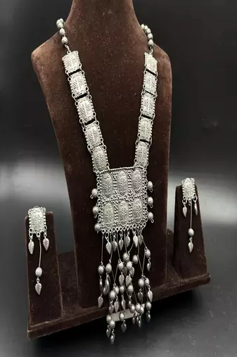 Oxidized silver boho necklace set, ethnic tribal jewelry