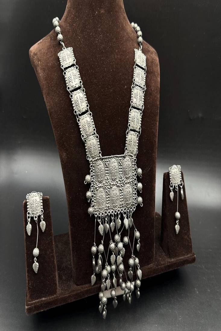 Oxidized silver boho necklace set, ethnic tribal jewelry