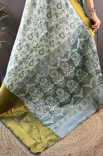 grey tissue silk blend kanjeevaram zari woven saree with unstitched blouse piece.