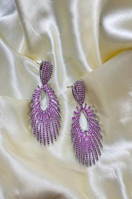 Sparkling fuchsia sunburst statement earrings | rhodium plated chandelier earrings 3
