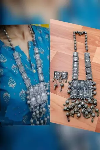 Oxidized silver boho necklace set, ethnic tribal jewelry