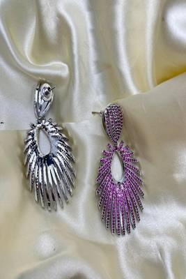 Sparkling fuchsia sunburst statement earrings | rhodium plated chandelier earrings 4