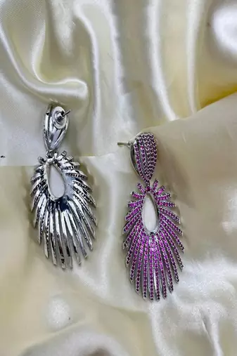Sparkling fuchsia sunburst statement earrings | rhodium plated chandelier earrings