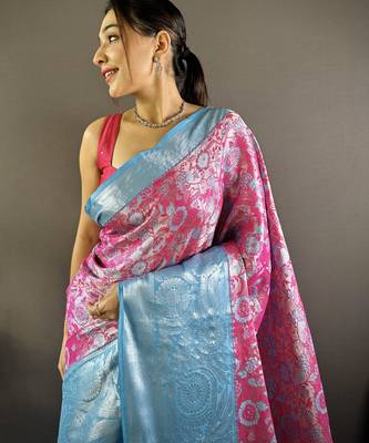 rani tissue silk blend kanjeevaram zari woven saree with unstitched blouse piece. 1
