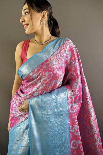 rani tissue silk blend kanjeevaram zari woven saree with unstitched blouse piece.
