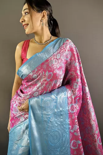 rani tissue silk blend kanjeevaram zari woven saree with unstitched blouse piece.
