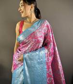 rani tissue silk blend kanjeevaram zari woven saree with unstitched blouse piece.