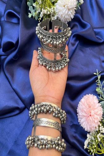Oxidized ghungroo cuff bangle: adjustable boho tribal bracelet
