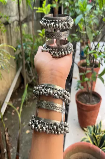 Oxidized ghungroo cuff bangle: adjustable boho tribal bracelet