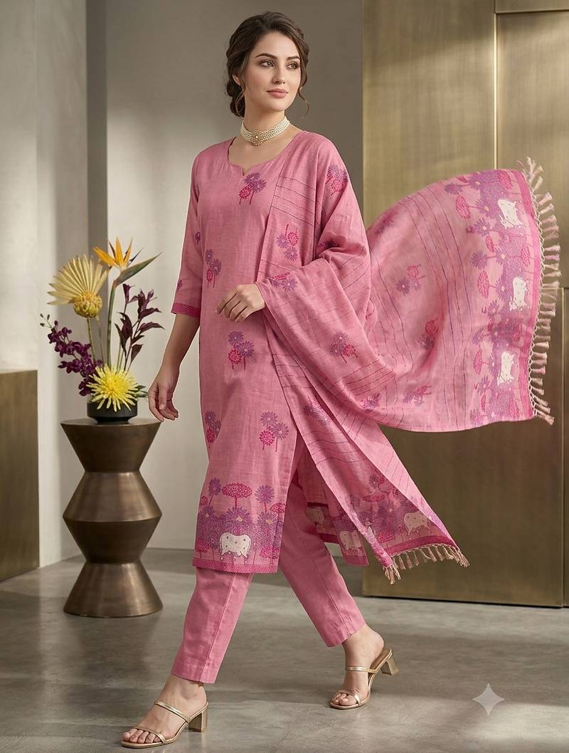 Pink handwoven jamdani cotton suit