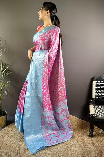 rani tissue silk blend kanjeevaram zari woven saree with unstitched blouse piece.