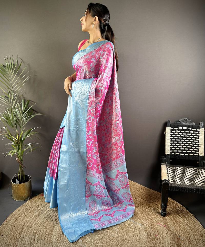 rani tissue silk blend kanjeevaram zari woven saree with unstitched blouse piece.