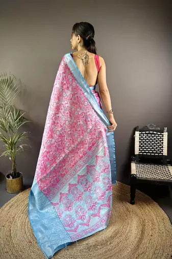 rani tissue silk blend kanjeevaram zari woven saree with unstitched blouse piece.