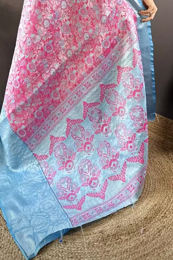 rani tissue silk blend kanjeevaram zari woven saree with unstitched blouse piece.