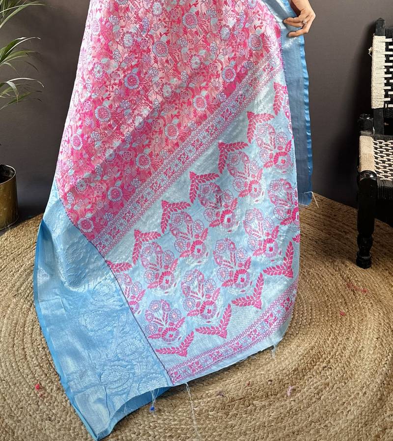 rani tissue silk blend kanjeevaram zari woven saree with unstitched blouse piece.