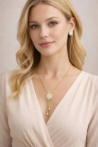 Gold hexagon diamond necklace and stud earrings set