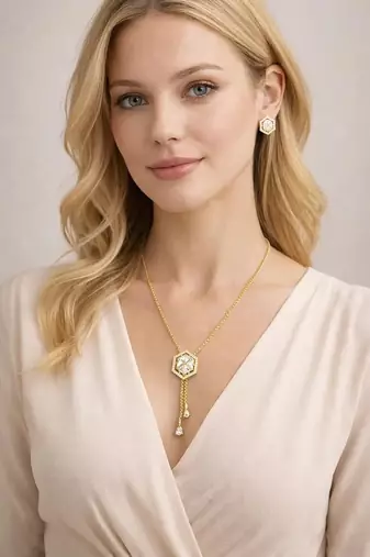 Gold hexagon diamond necklace and stud earrings set