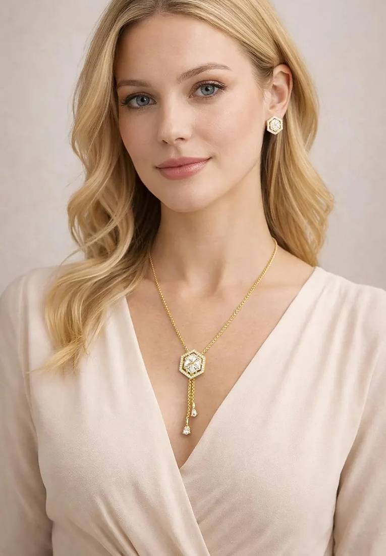 Gold hexagon diamond necklace and stud earrings set