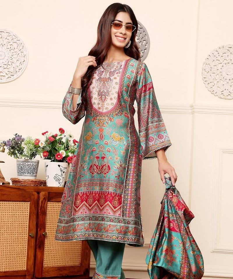 Ethnic Motifs Printed Chanderi Silk Tunic With Trousers