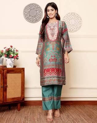 Ethnic Motifs Printed Chanderi Silk Tunic With Trousers 2