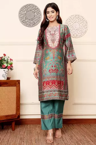 Ethnic Motifs Printed Chanderi Silk Tunic With Trousers