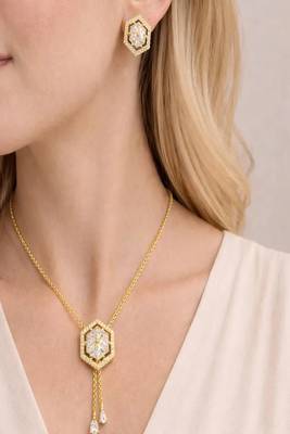 Gold hexagon diamond necklace and stud earrings set 2